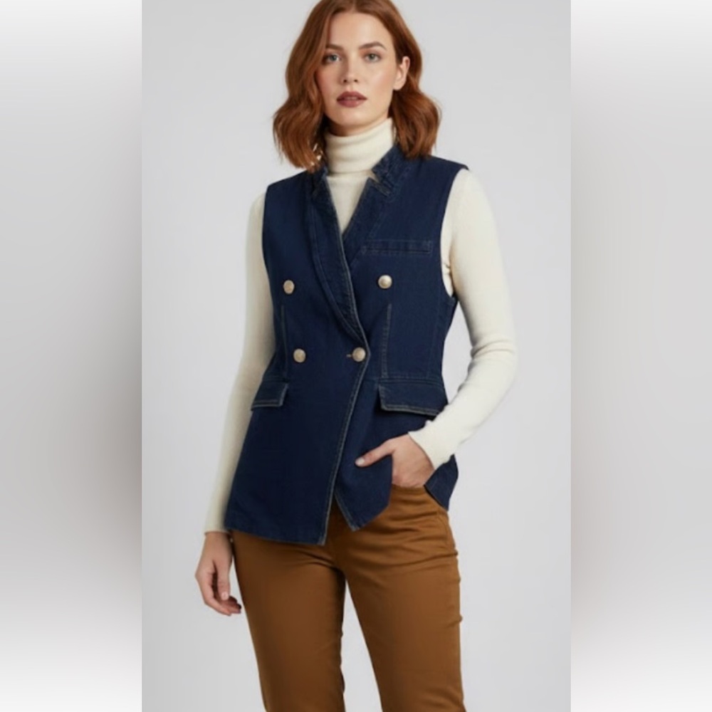 Avec Les Filles Denim Jean Vest with Gold Buttons dark wash denim Large NWT